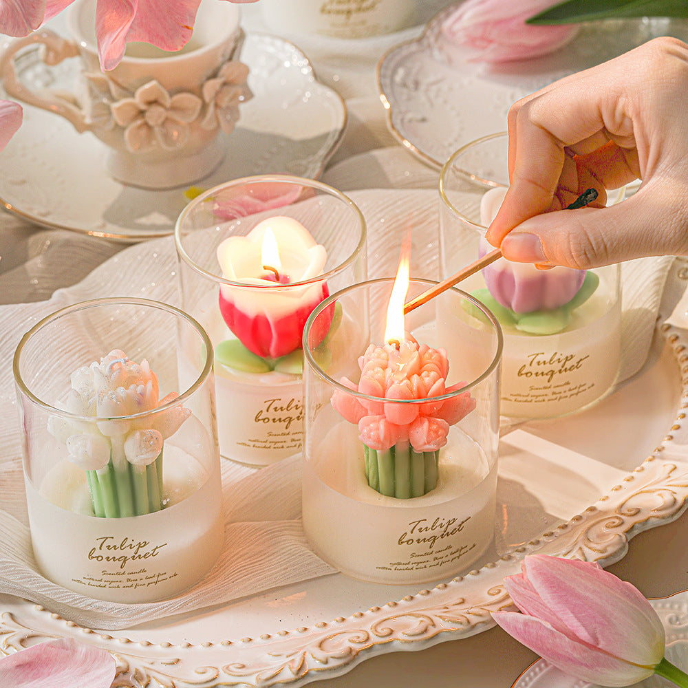 Handmade Creative Tulip Bouquet Flower Shaped Glass Candles