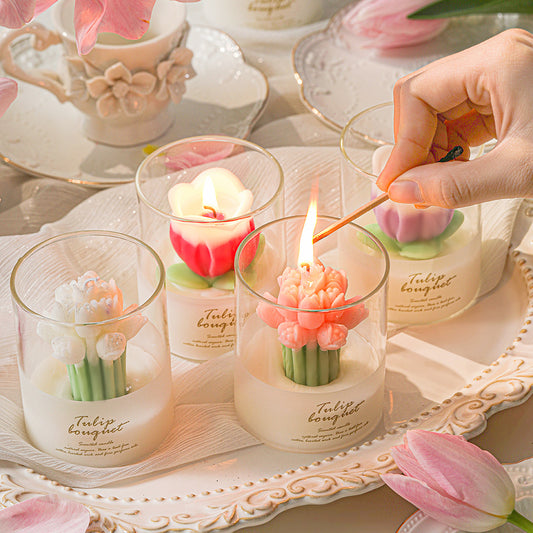 Handmade Creative Tulip Bouquet Flower Shaped Glass Candles