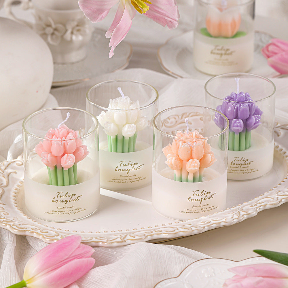 Handmade Creative Tulip Bouquet Flower Shaped Glass Candles