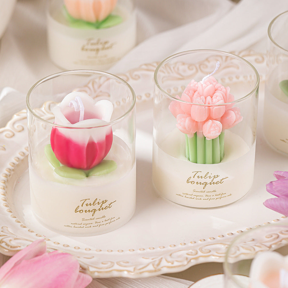 Handmade Creative Tulip Bouquet Flower Shaped Glass Candles